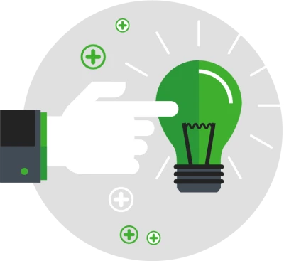 A pictogram of a hand touching a light bulp