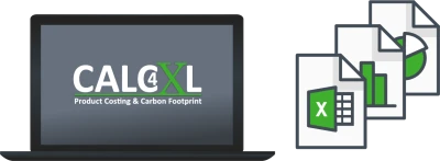 Image of a laptop displaying the CALC4XL logo on the screen, alongside icons of an Excel spreadsheet, a chart, and a pie chart.