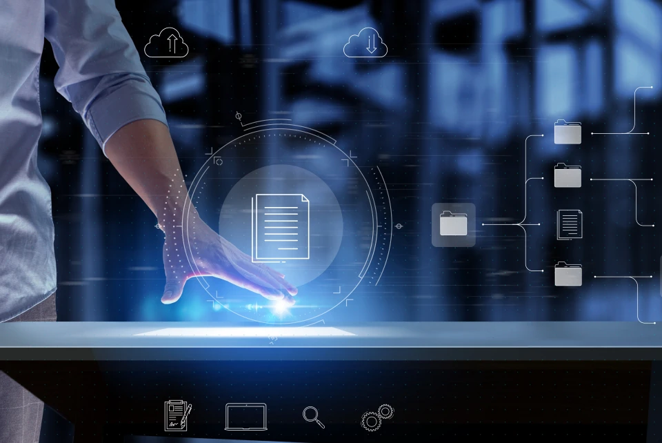An arm hovering above a futuristic table