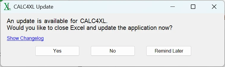 CALC4XL screenshot to check for a new CALC4XL software version