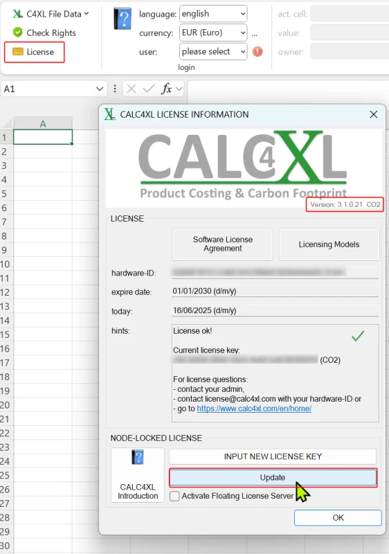 Screenshot from CALC4XL license information to update the CALC4XL software manually.