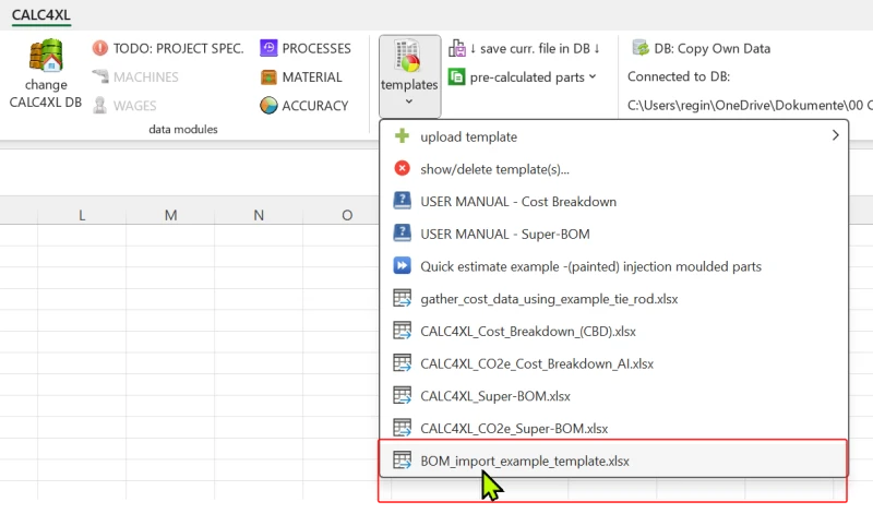 Screenshot: CALC4XL BOM import example template