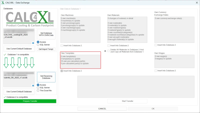 Screenshot: CALC4XL database function Copy Own Data from one CALC4XL benchmark database to another CALC4XL benchmark database