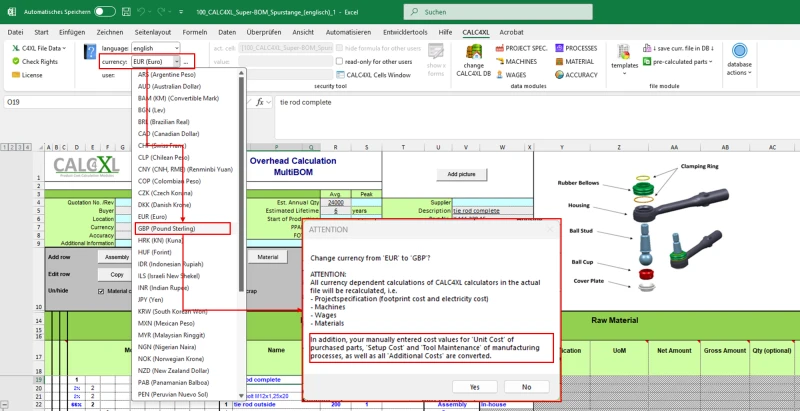 Screenshot of automatic cost conversion when the the currency is changed.