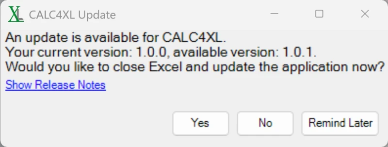 CALC4XL-Screenshot zur Überprüfung auf eine neue CALC4XL-Softwareversion