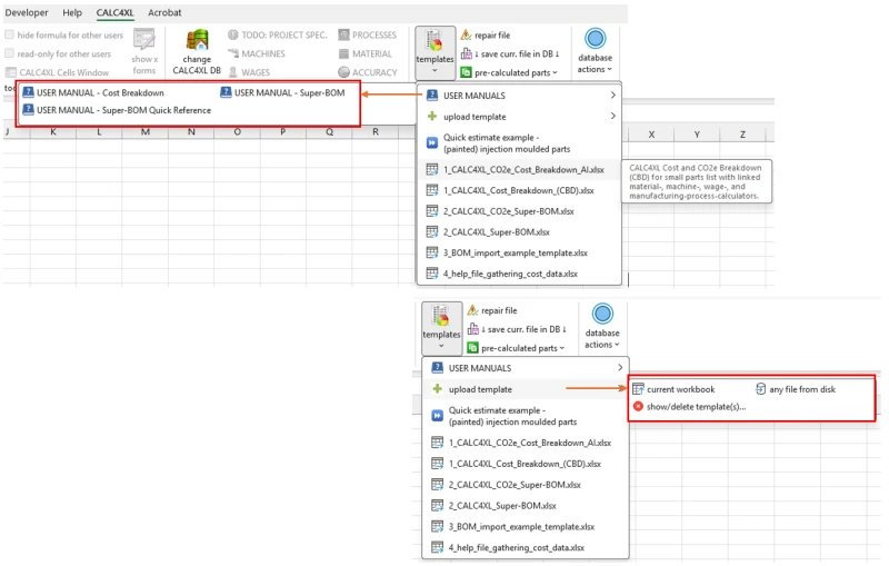 Screenshot CALC4XL Product costing & Carbon footprint software - CALC4XL menu: file module - templates