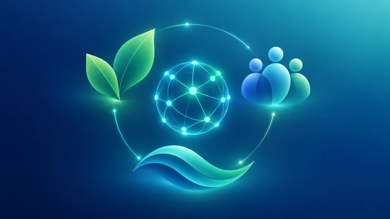Von KI generiertes Bild: KI im Mittelpunkt, verbunden mit der Natur, der Gemeinschaft und einer gesunden Umwelt
