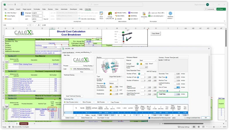 CACL4XL screenshot of an example of the Injection molding process