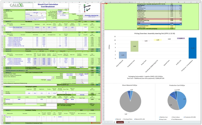 CACL4XL screenshot of a cost breakdown calculation scheme