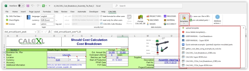 CACL4XL screenshot of the template module