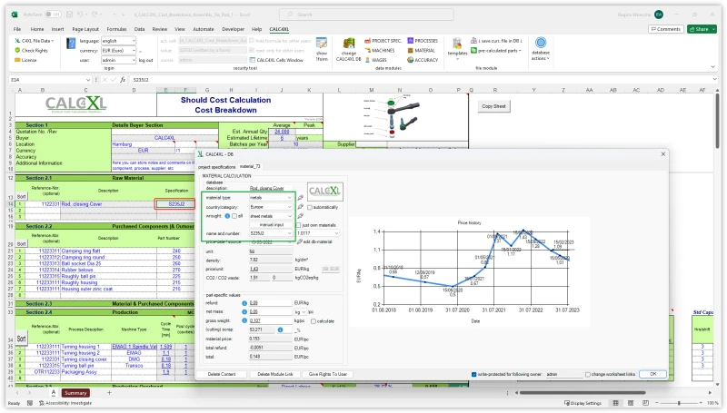 CACL4XL screenshot of the material calculator