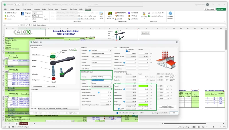 CACL4XL screenshot of overhead factors