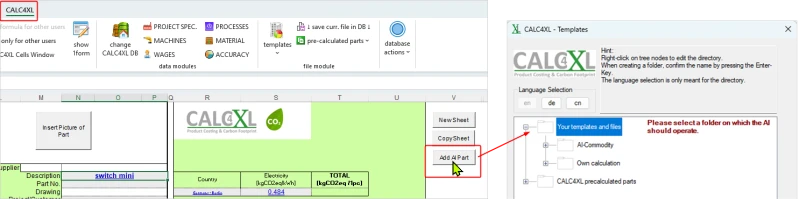 CALC4XL Screenshot starting to calculate an AI-Part
